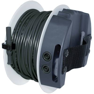 A black cable reel wound onto a spool with a side handle and plug connections, ready for use in various applications.