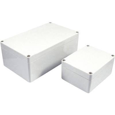 Two white, rectangular plastic casings of different sizes, standing side by side on a white surface.