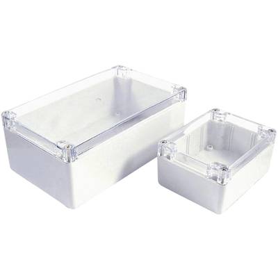 Two white, rectangular plastic enclosures with clear covers, one larger than the other, for electronic applications.