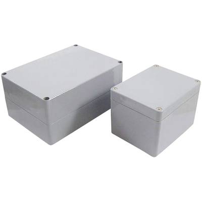 Two rectangular grey plastic enclosures, each with removable lids, stand side by side. They are used to protect electronic components.