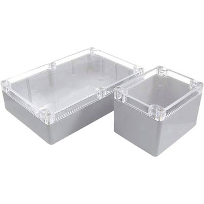 Two rectangular grey enclosures with transparent lids positioned side by side, differing in size; suitable for electronic components.