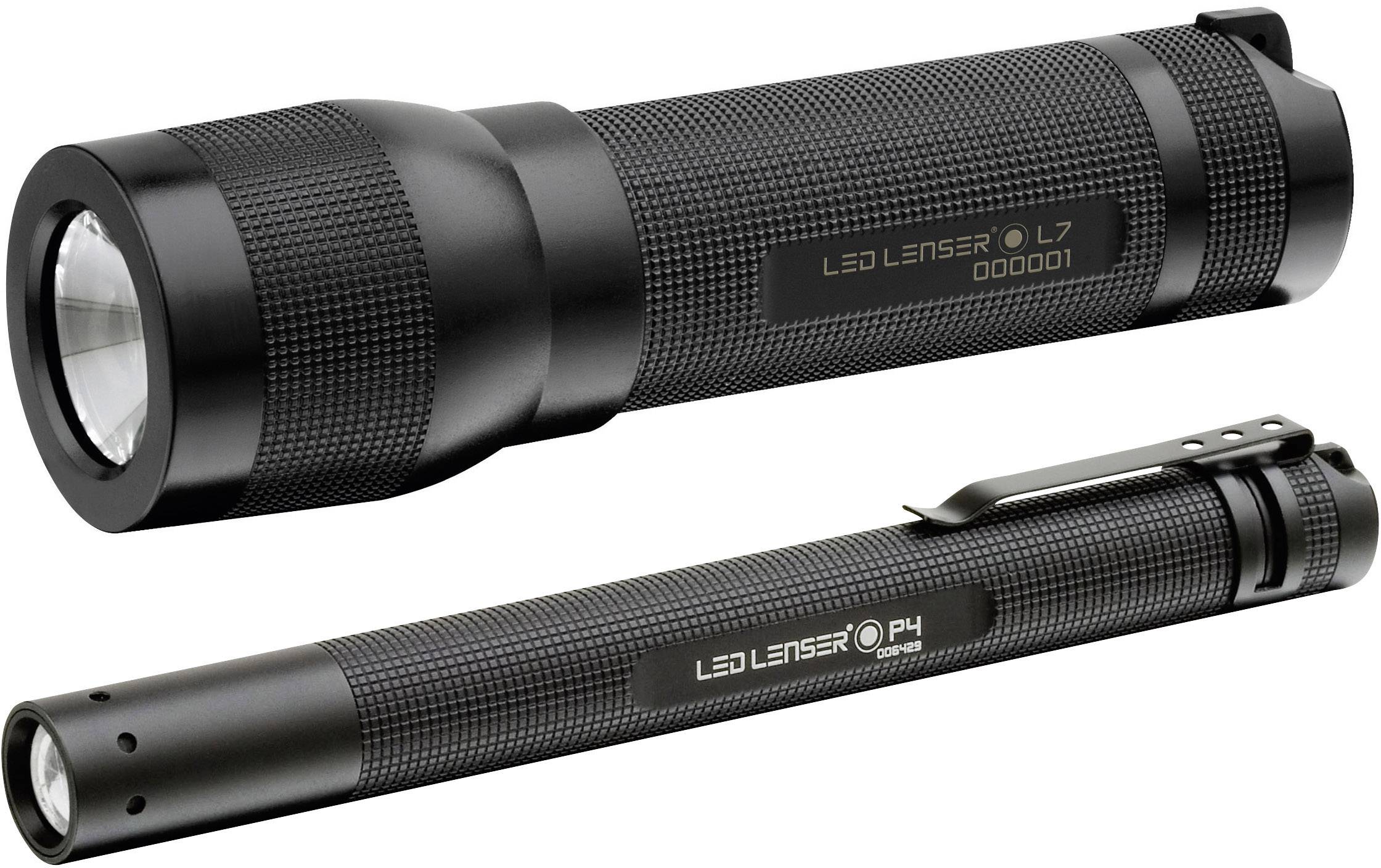 Two black LED torches, one pen-sized (P4), the other larger (L7). Both have a textured surface and company logo.
