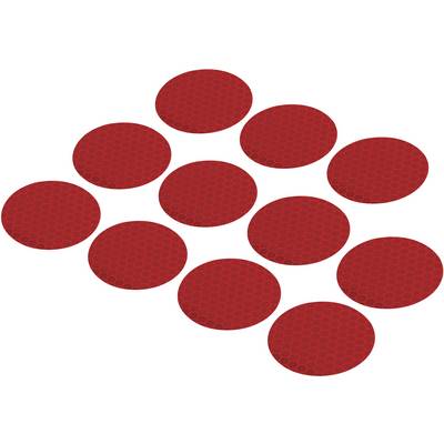 Ten red, circular clips with a honeycomb-like pattern, diagonally arranged on a white surface.