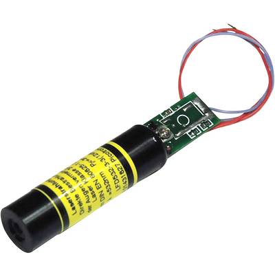 'Small, cylindrical laser module with yellow warning label and red and blue wires connected to a circuit board.'
