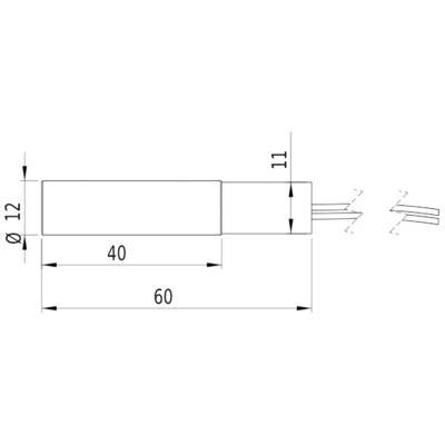Technical drawing of a cylindrical object. Total length: 60 mm, diameter: 12 mm, section of 40 mm marked, cable connections on the right.