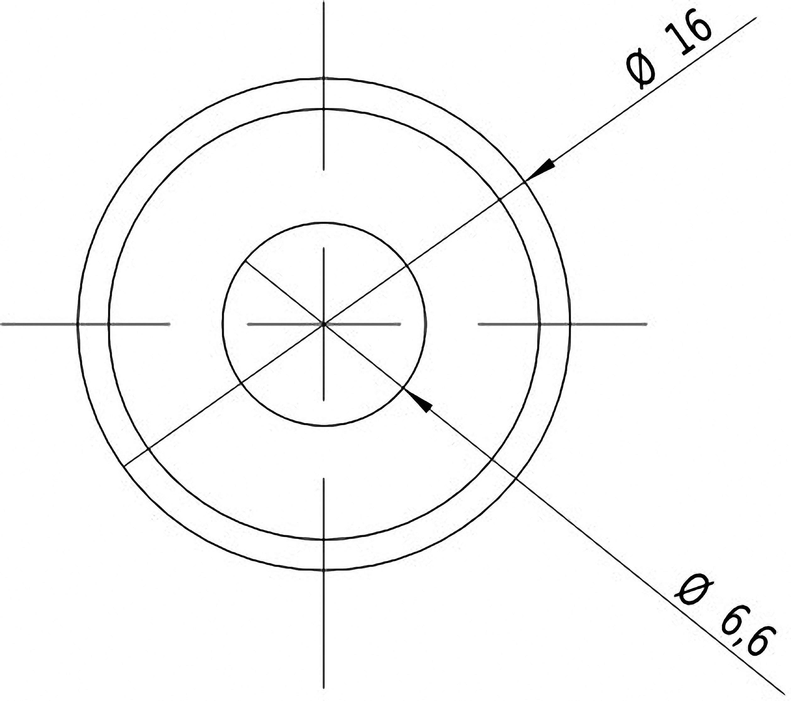 Technical drawing shows two concentric circles with diameters of 16 mm and 6.6 mm, denoted by dimension lines.