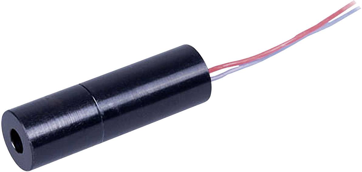A cylindrical black laser module with three protruding cables in red, blue and grey, for connection to a technical device.