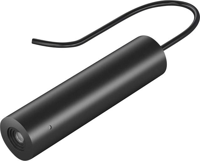 A cylindrical black device with a cable, likely a camera or sensor, is lying on a light-coloured surface.