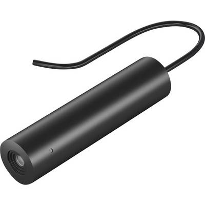 A cylindrical black device with a cable, likely a camera or sensor, is lying on a light-coloured surface.