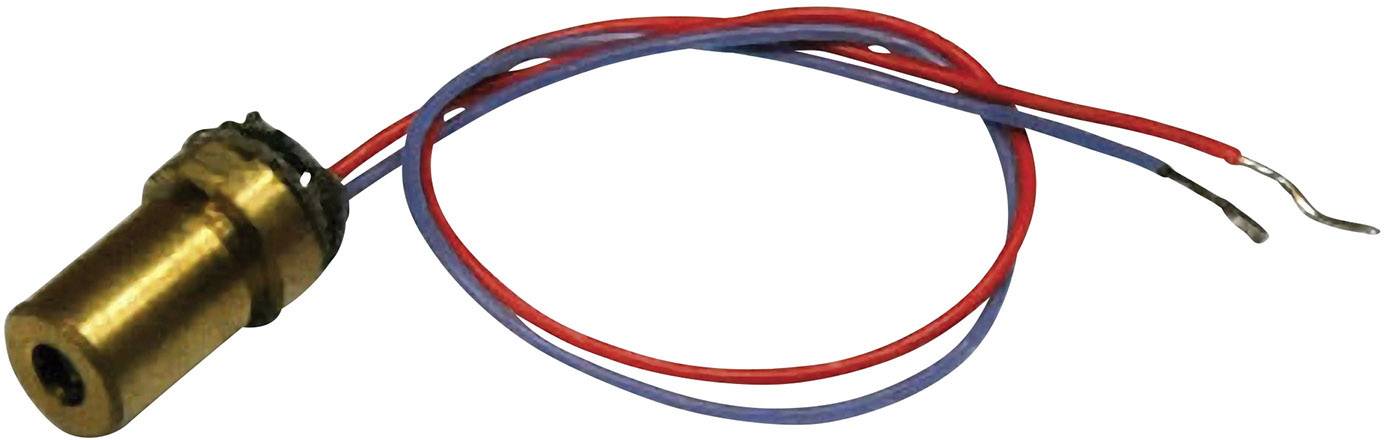 A small cylindrical brass laser with red and blue electrical connection wires.