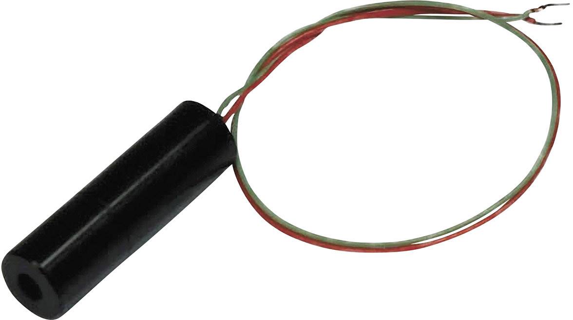 A cylindrical magnet sensor with a black housing and two cables (red and green) protruding from one end.