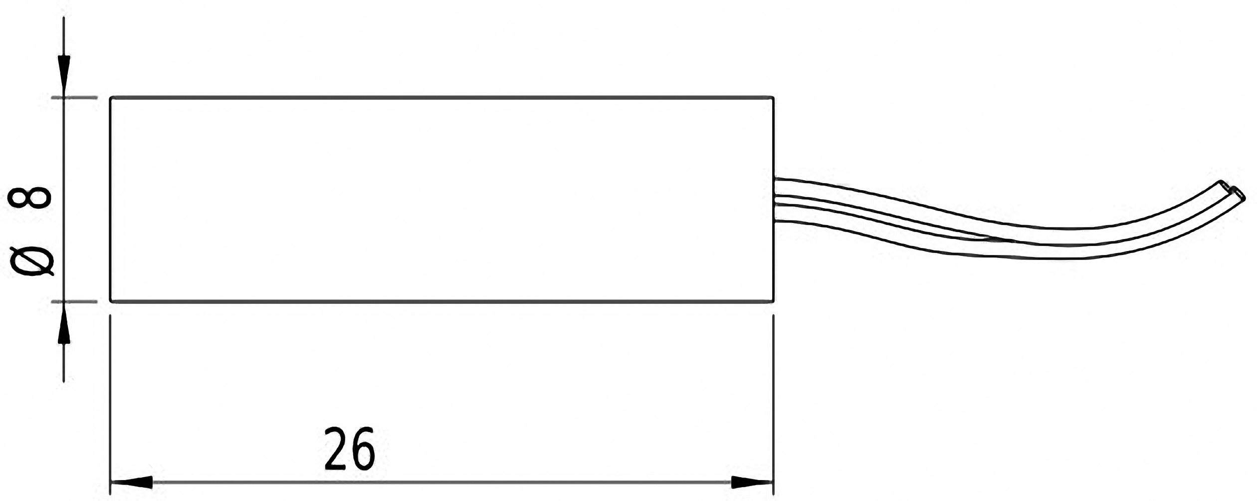 Drawing of a rectangular electronic component with cables; dimensions: length 26 mm, diameter 8 mm.