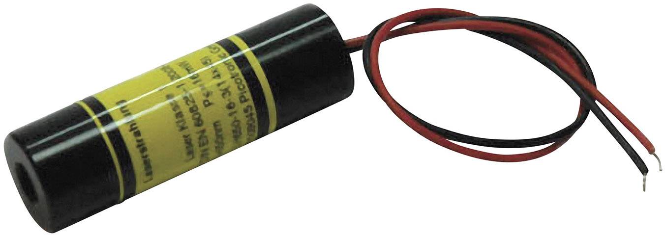 Cylindrical laser with yellow label, black casing and red/black wires for connection.