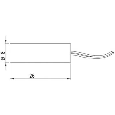 Technical drawing of a cylindrical sensor, 26 mm long and 8 mm in diameter, with two cables on the right-hand side.