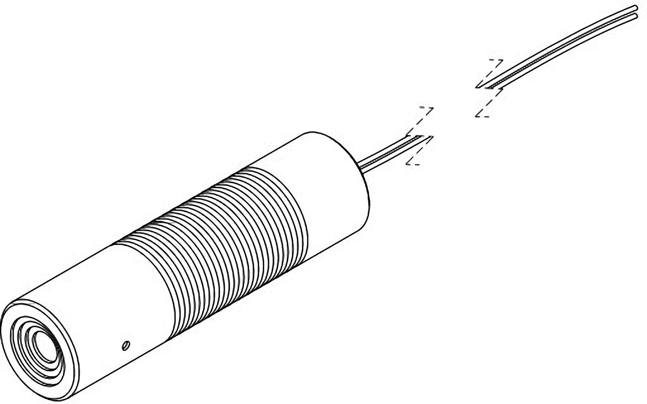 A cylindrical laser sensor with connection cables. The cables are slightly separated from the sensor to show the connection details.