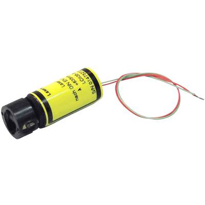 A yellow laser diode module with red and green insulated connection cables. Used for precise alignment or measuring instruments.