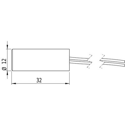 Technical drawing of a rectangular component with dimensions of 32 mm length and 12 mm diameter, cable end on the right.