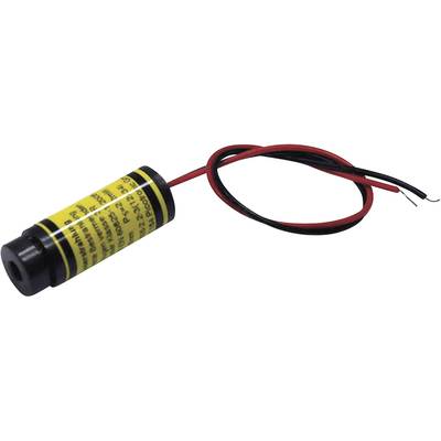 Small cylindrical laser module with yellow label, connected with two wires, one red and one black.