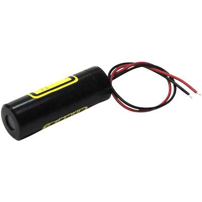 Black cylindrical battery with yellow label, two protruding wires; red and black, connected at one end.