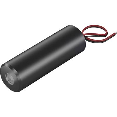 A black, cylindrical electrical capacitor with two protruding cables, one red and one black, against a white background.