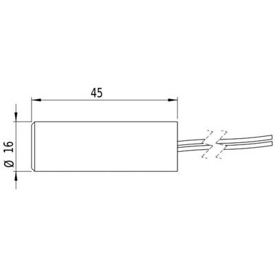 Technical drawing of a rectangular object with dimensions: Length 45 mm, Diameter 16 mm. Cable protruding from one side.