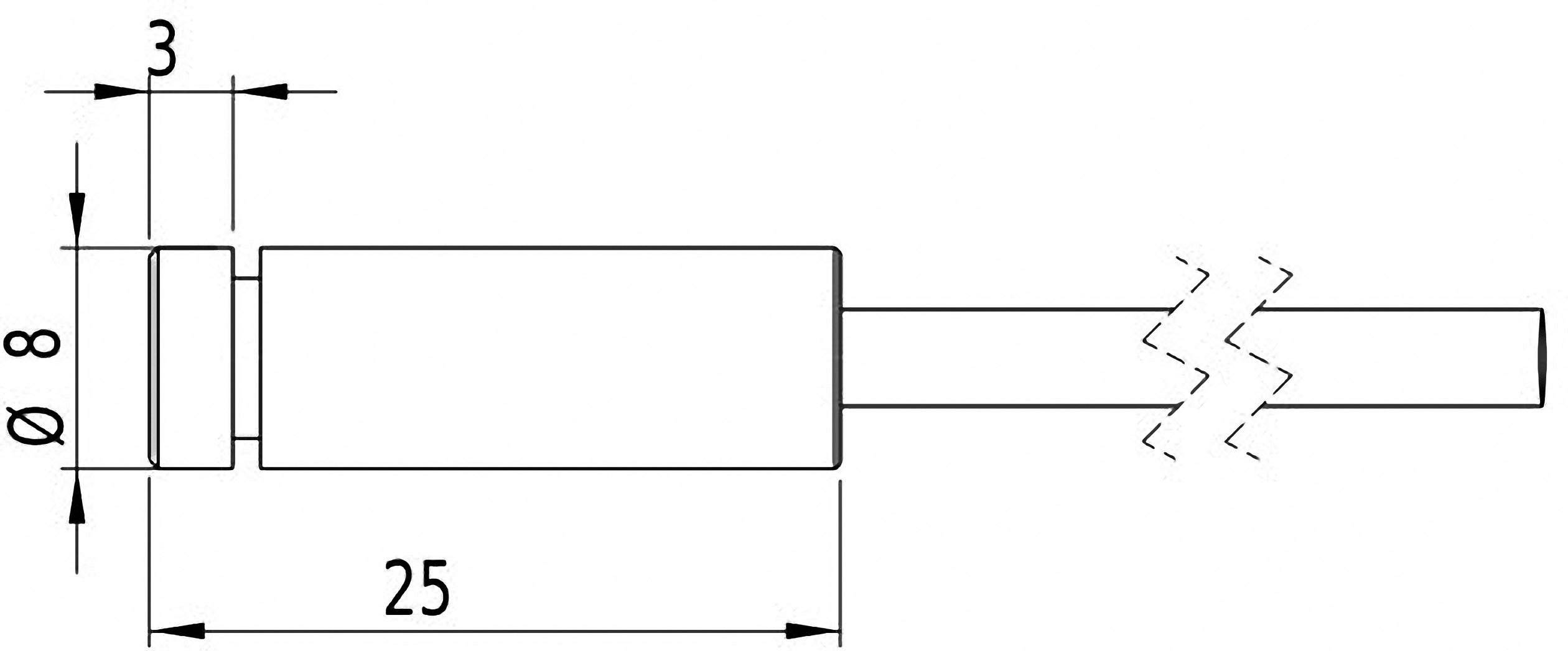 Technical drawing of a cylindrical connector with the following dimensions: diameter 8 mm, length 25 mm, spacing 3 mm.