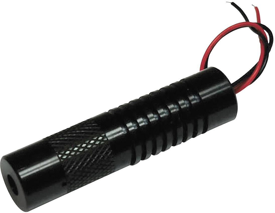 A black cylindrical device with a ribbed handle and two protruding wires, one red and one black, presumably a laser.