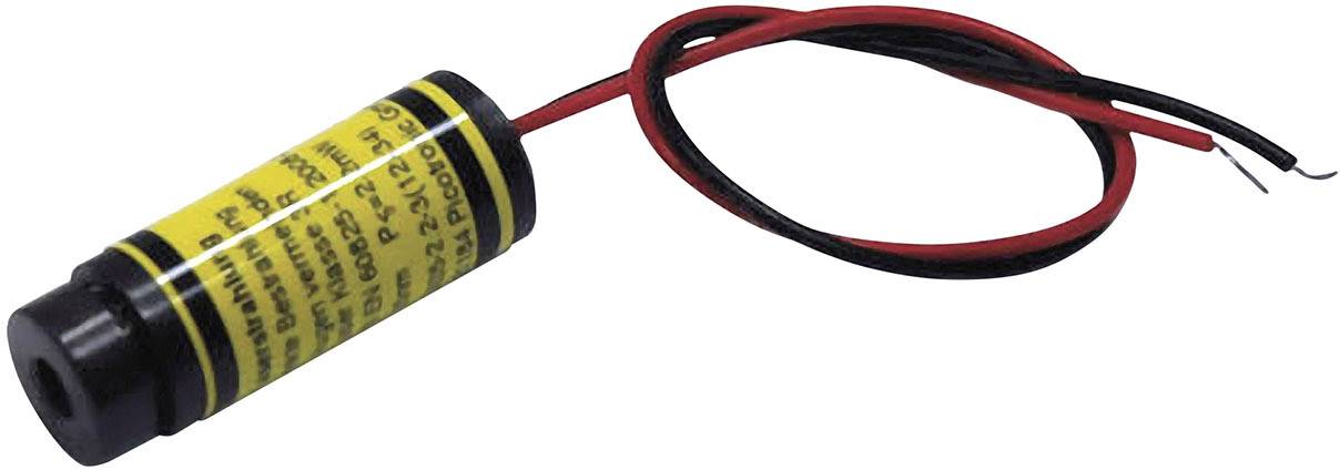 Small, cylindrical laser with yellow label and red-black wires; suitable for technical or electronic applications.