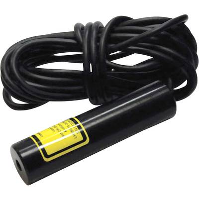 A black, cylindrical device with a long cable, presumably a sensor or laser, with a yellow warning label.