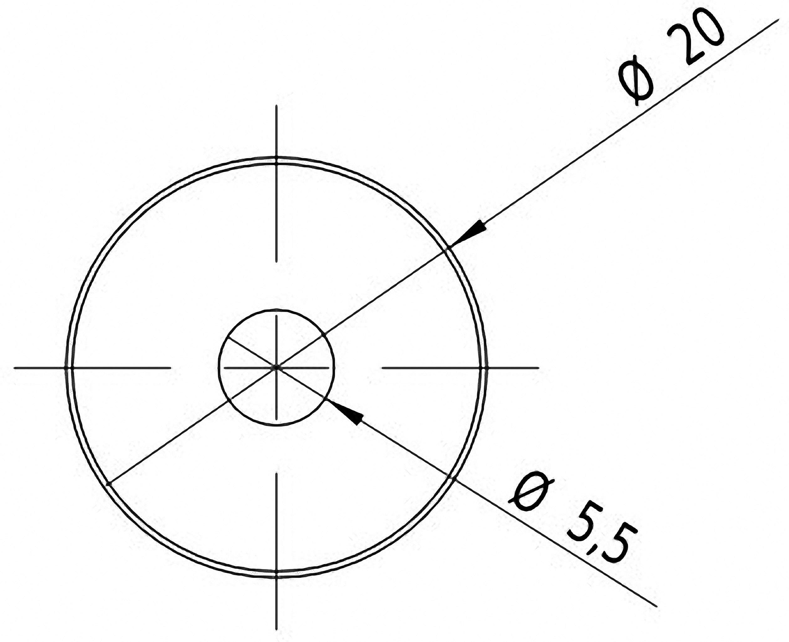 Technical drawing of a circle with indications: Outer diameter 20 mm, inner diameter 5.5 mm, both marked with centre lines.