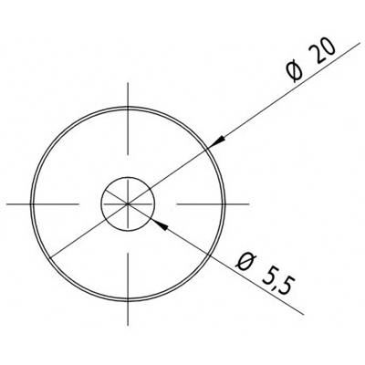 Technical drawing of a circle with indications: Outer diameter 20 mm, inner diameter 5.5 mm, both marked with centre lines.