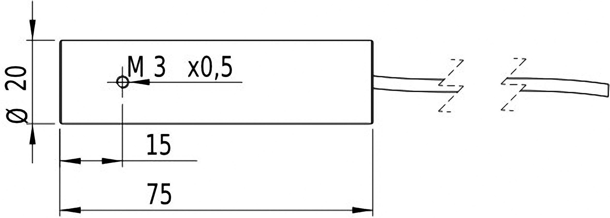 Drawing of a cylindrical component with a diameter of 20 mm and a length of 75 mm, including M3 threaded hole.