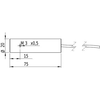 Drawing of a cylindrical component with a diameter of 20 mm and a length of 75 mm, including M3 threaded hole.
