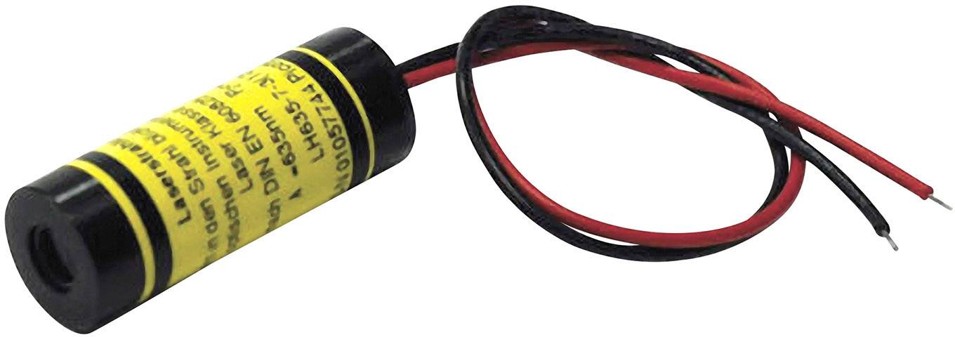 A small, cylindrical laser with a yellow label and red and black connection cables. The laser can be used in electronic projects.