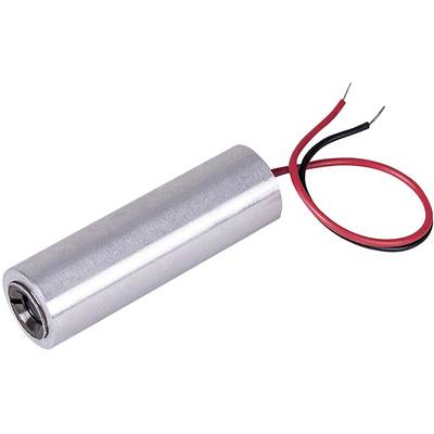 A cylindrical DC motor with two protruding cables, one red and one black, for electrical connections.