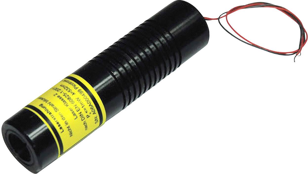 A cylindrical, black laser with a yellow warning sticker and red and black cables at the end.