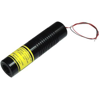 A cylindrical, black laser with a yellow warning sticker and red and black cables at the end.