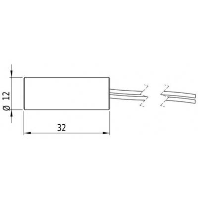 Technical drawing of a cylindrical component with a diameter of 12 mm and a length of 32 mm, with cables attached.