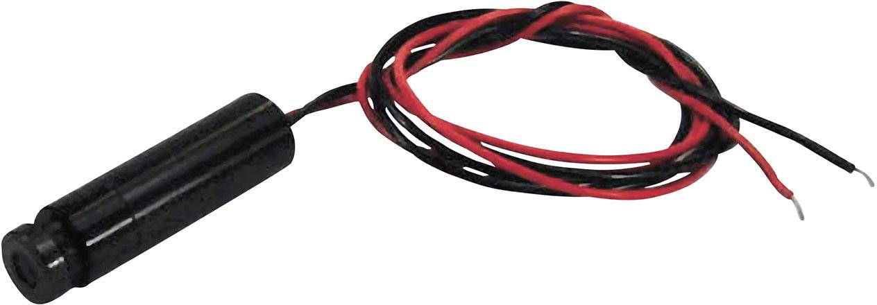 A cylindrical sensor with two cables, one red, one black. Designed for applications in electronics for signal transmission.