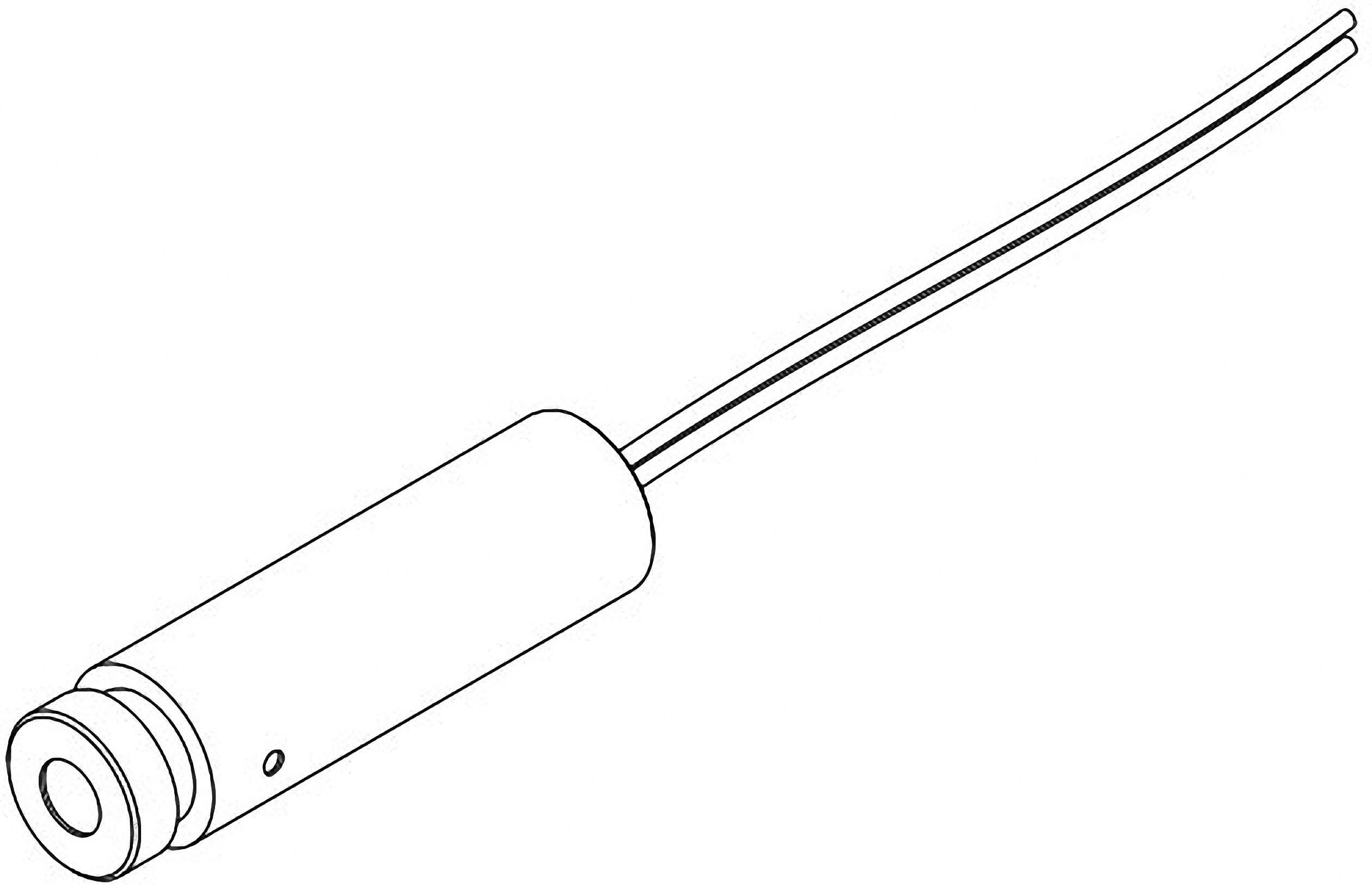 A cylindrical sensor with two protruding wires, depicted in a technical drawing.