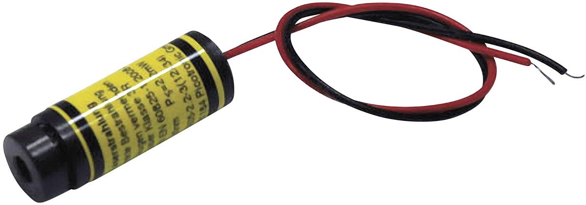 A laser module with a yellow label and black text; two cables (red and black) are attached to it.