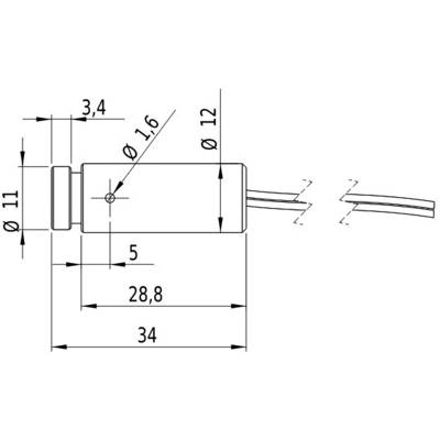 Diagram of a cylindrical object with dimensions: total length 34 mm, diameter 11 mm. Side view shows cable exit on the right.
