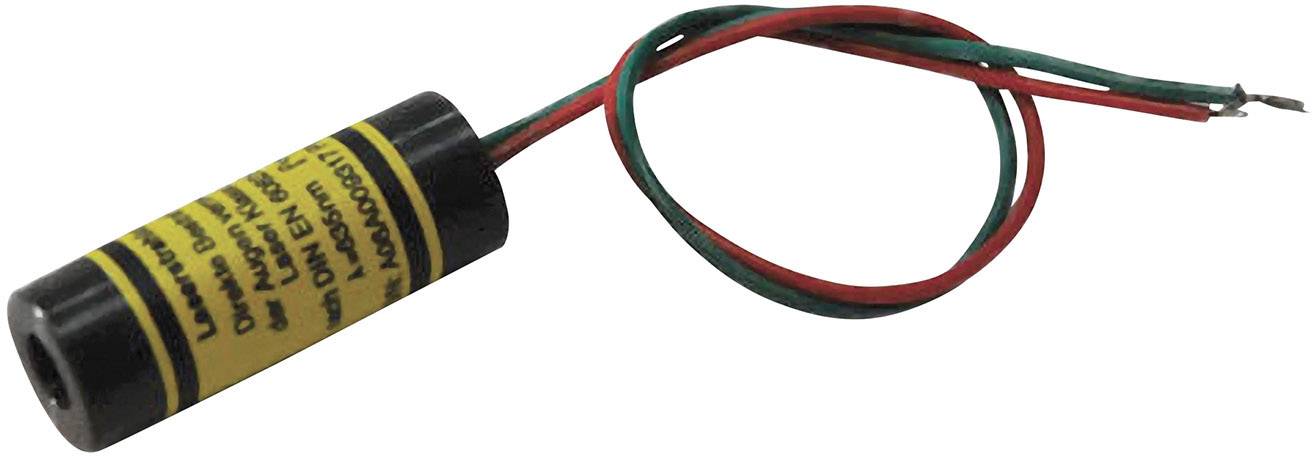 A laser module with a yellow label, black cylindrical body, and red and green connection wires.