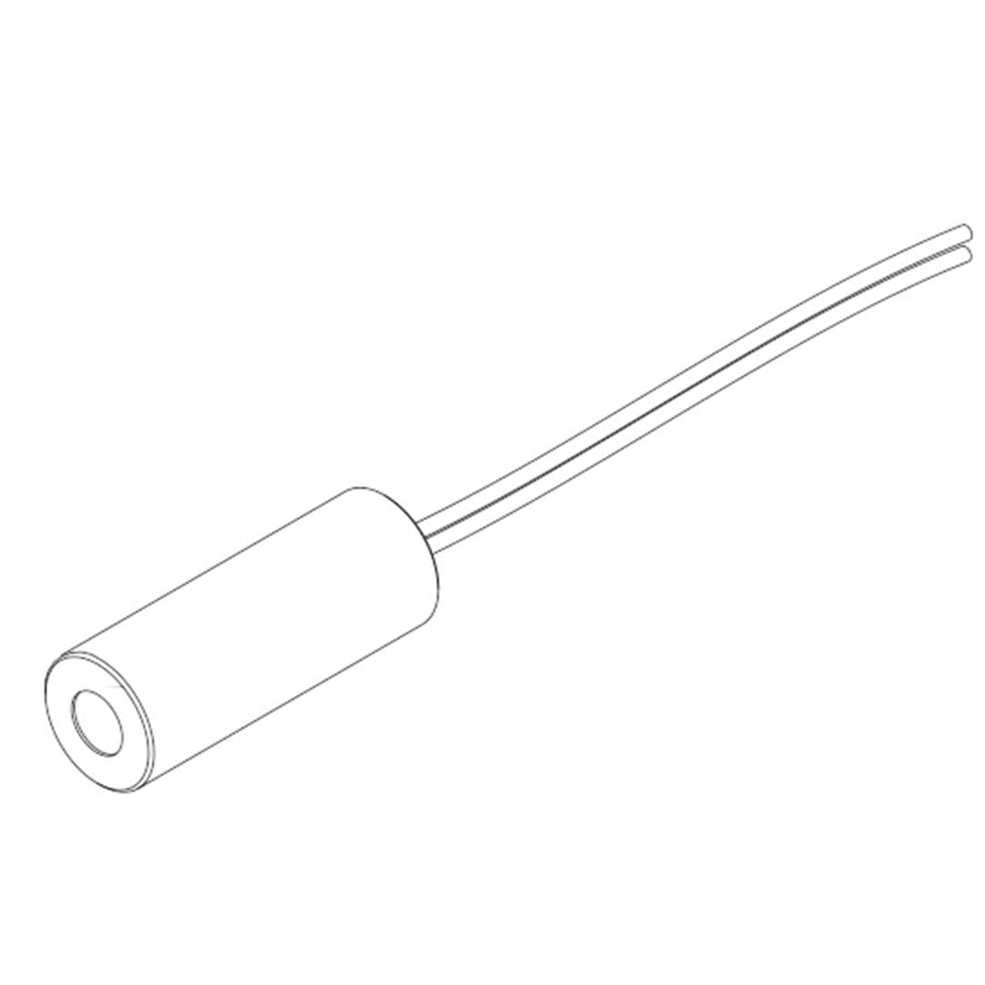 A schematic drawing of a cylindrical sensor with two wires protruding from one end, in a technical representation.