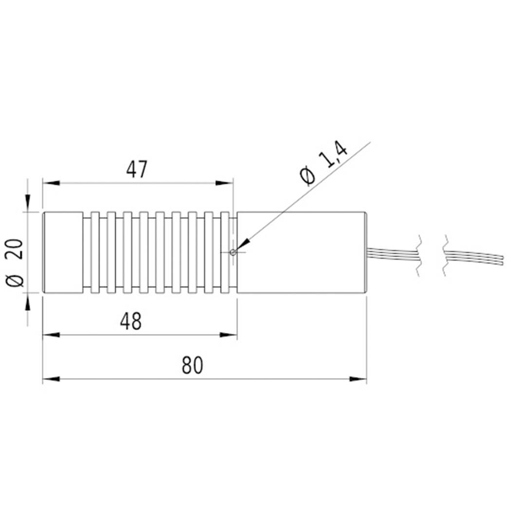 Technical drawing of a cylindrical object with grooves, length 80 mm, diameter 20 mm. Dimensions and distances are indicated.