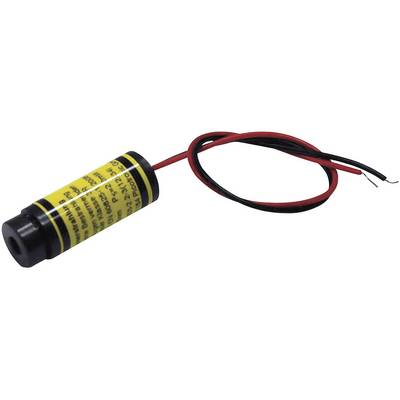 A red laser pointer with a black casing and yellow warning label; two wires protruding.