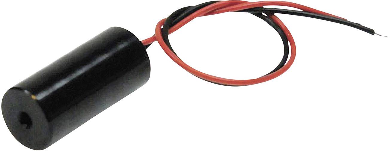 A black cylindrical laser with two leading cables, one red and one black, is lying on a light-coloured surface.