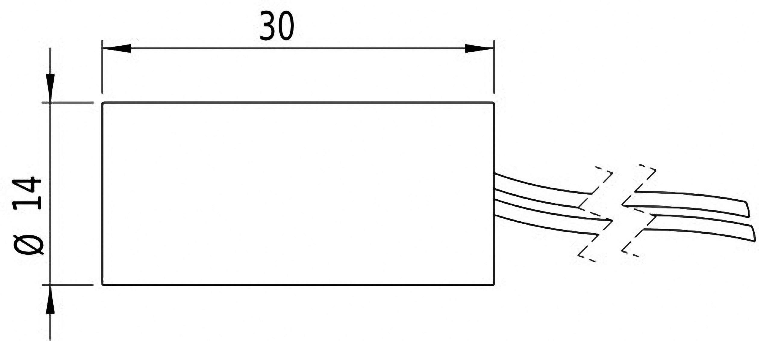 Sketch of a rectangular component with a length of 30 mm and a diameter of 14 mm, with cables emerging from the right side.