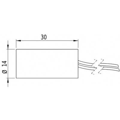 Sketch of a rectangular component with a length of 30 mm and a diameter of 14 mm, with cables emerging from the right side.
