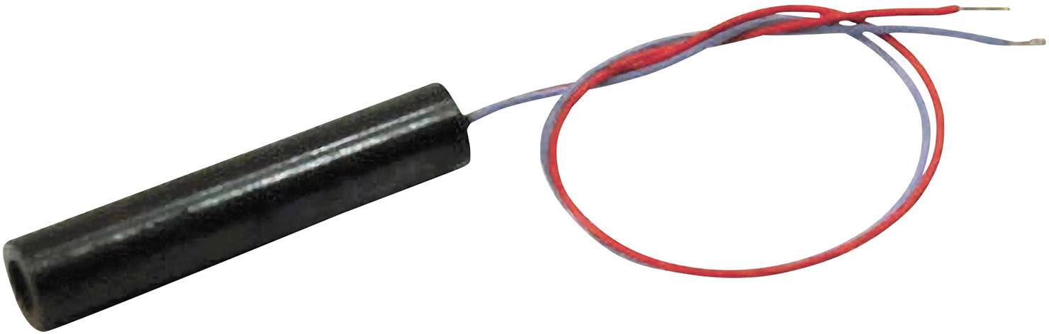Cylindrical temperature sensor with red and blue wires for electrical connections.